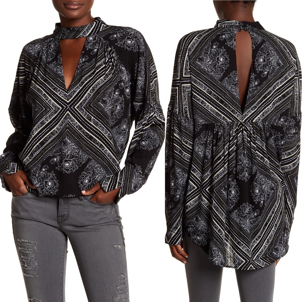 Free‎ People Tunic Bandana Print Mock Neck Boho Black XS Long Sleeve Peasant
